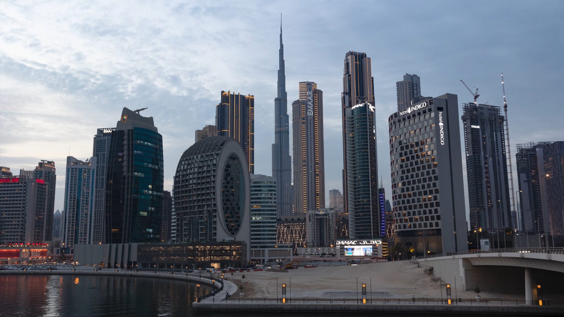 Business Bay and the Burj Khalifa at dusk